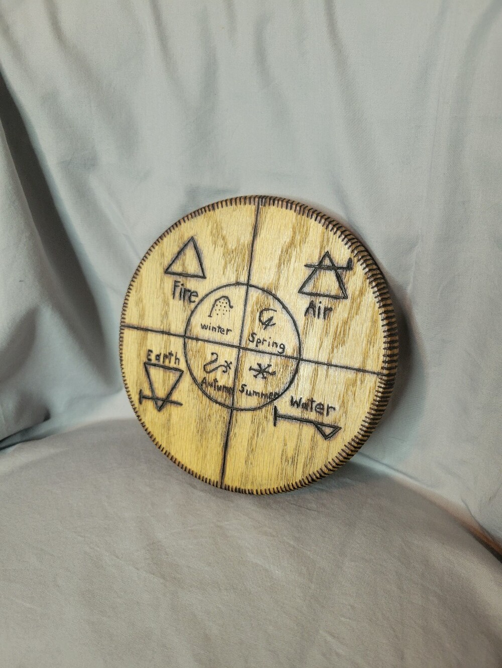 Hand Crafted Natural Wood Element & Seasons Symbol Wood Burned Wall Art